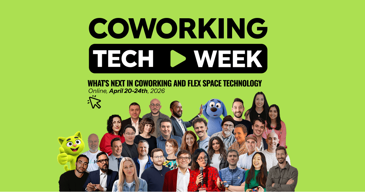 A screenshot or photo from a Coworking Tech Week live session showing a speaker presenting a software demo to an engaged virtual audience, with the event branding visible