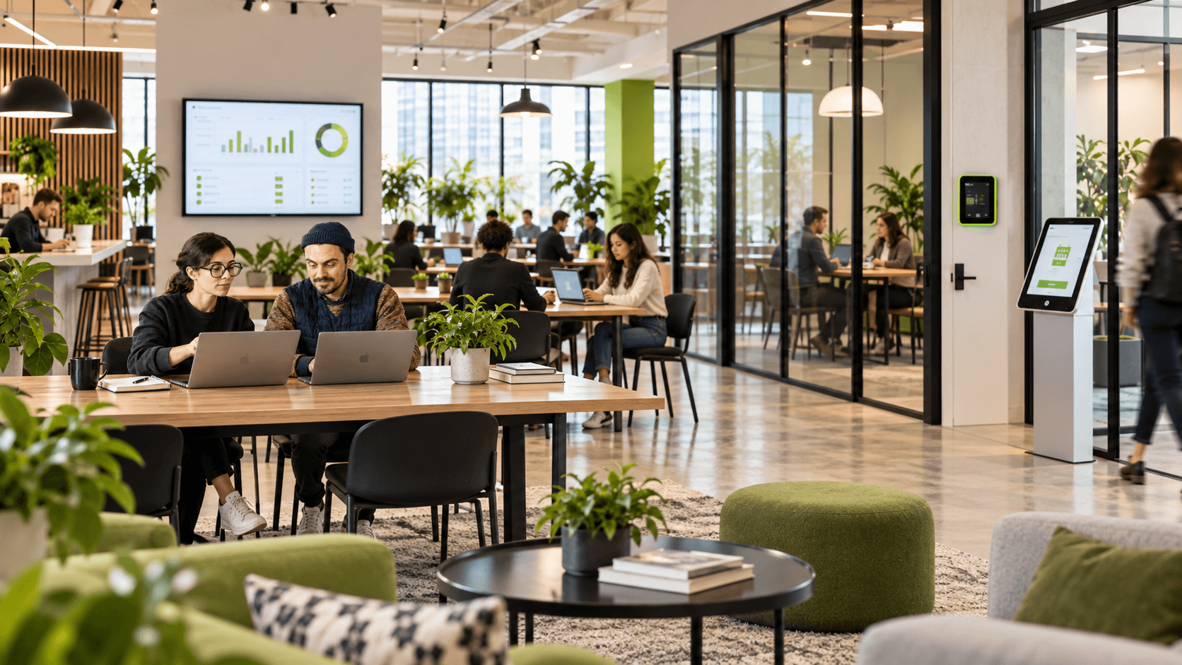 A wide-angle view of a modern coworking space with members using laptops and tablets, showing digital screens, access control panels, and booking kiosks integrated into the workspace, representing the technology layer behind coworking operations